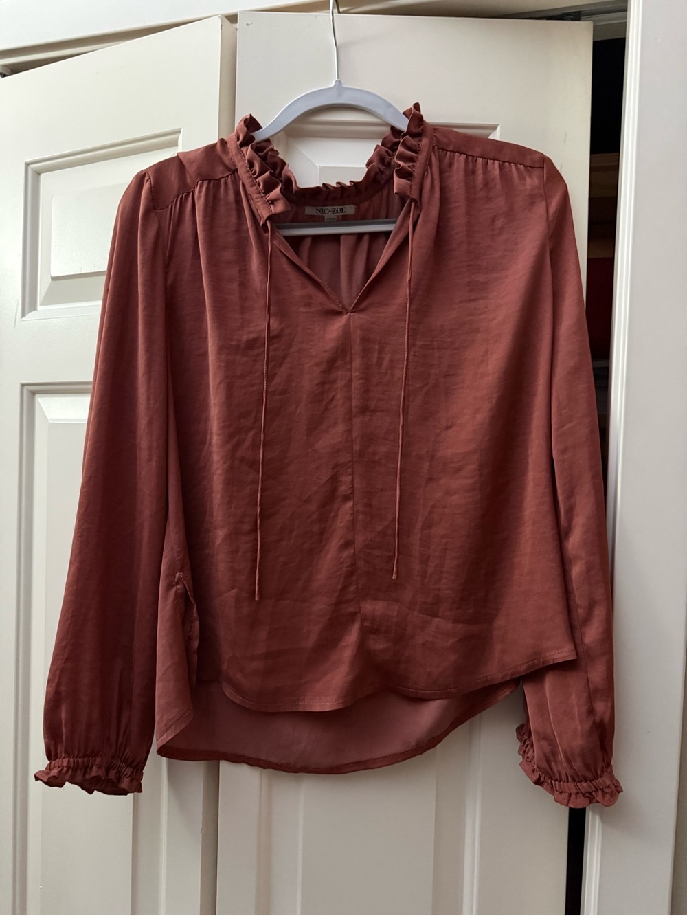 NIC+ZOE Ruffle-Neck Long-Sleeve Blouse in Dusty Rose
